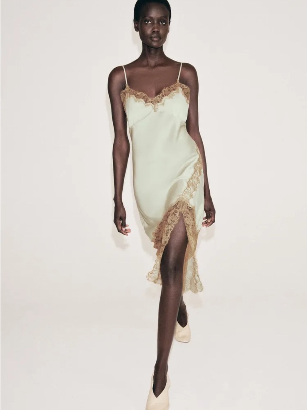 Zara Sage Slip Dress with Gold Lace Trim